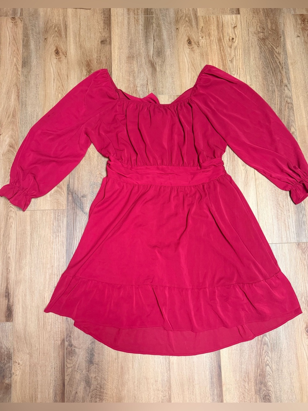 5XL Red Burgundy Cottagecore Boho Ruffle Smocked Lantern Sleeve Mini Dress Fall